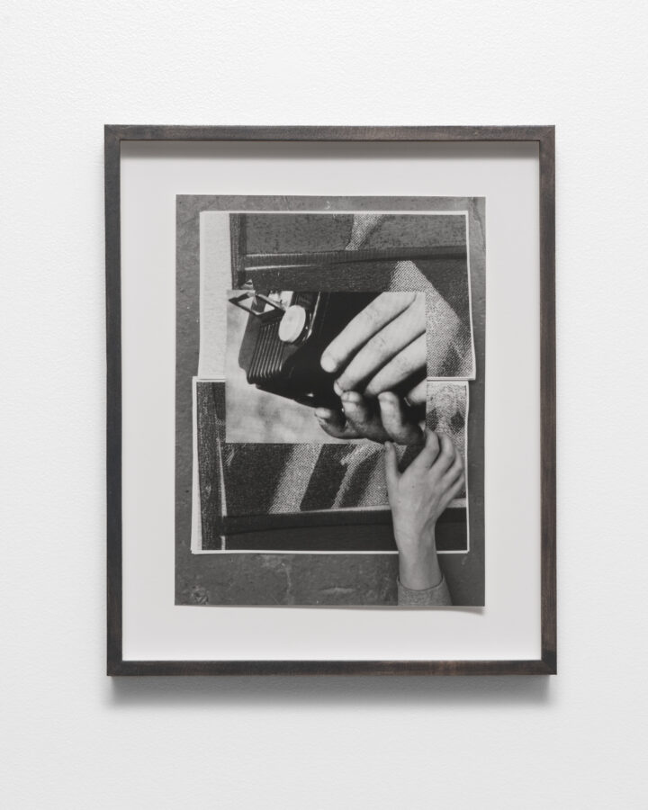 brownie camera, Lucia’s eyes (collaged with Orjan), 2025, silver gelatin print in artist frame, 18 x 15 inches (45 x 38 cm)